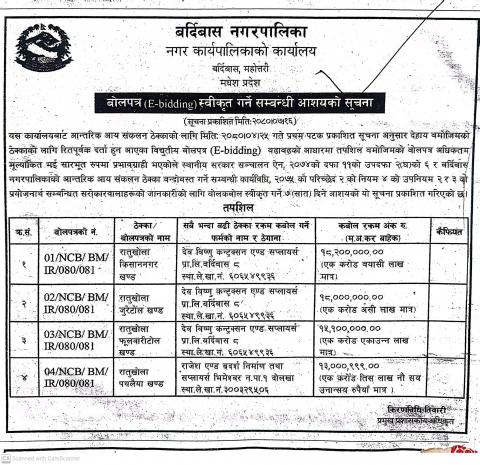 वोलपत्र स्वीकृत गर्ने सम्बन्धी आशयको सुचना ।(नदिजन्य पदार्थ)